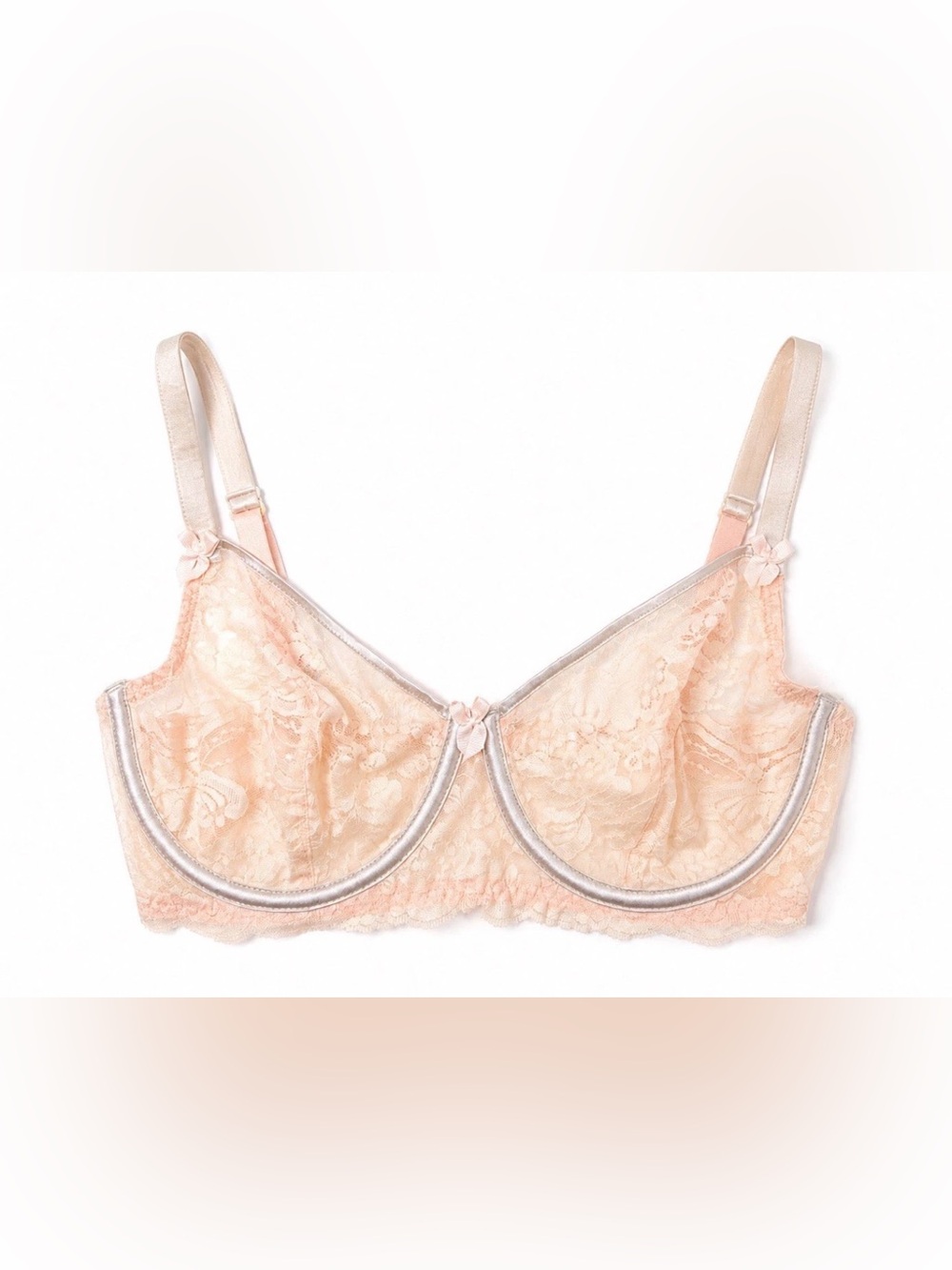 Mimi Holliday Bra Womens 34D Sheer Lace Peach Pink Underwire Bow Coquette